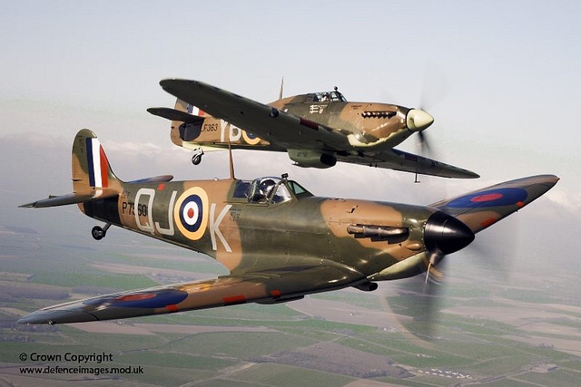 Spitfire P7350, flies alongside Hurricane LF363.
