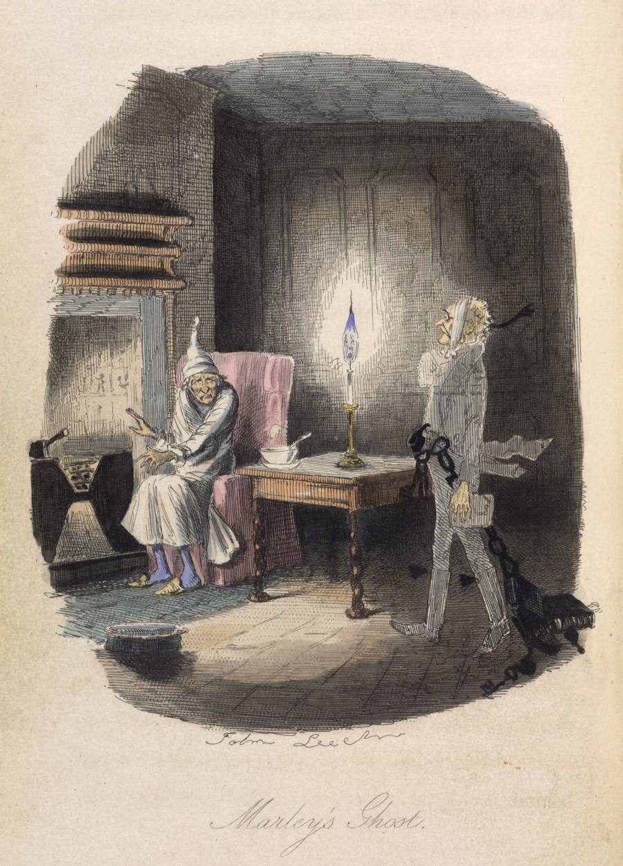 A Christmas Carol in prose. - caption: 'Marley's Ghost. Ebenezer Scrooge visited by a ghost.'